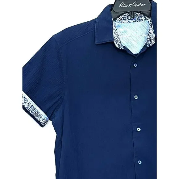 ROBERT GRAHAM NAVY BLUE CRINKLED TEXTURE S/S STRETCH SHIRT ROLL CUFF SZ S